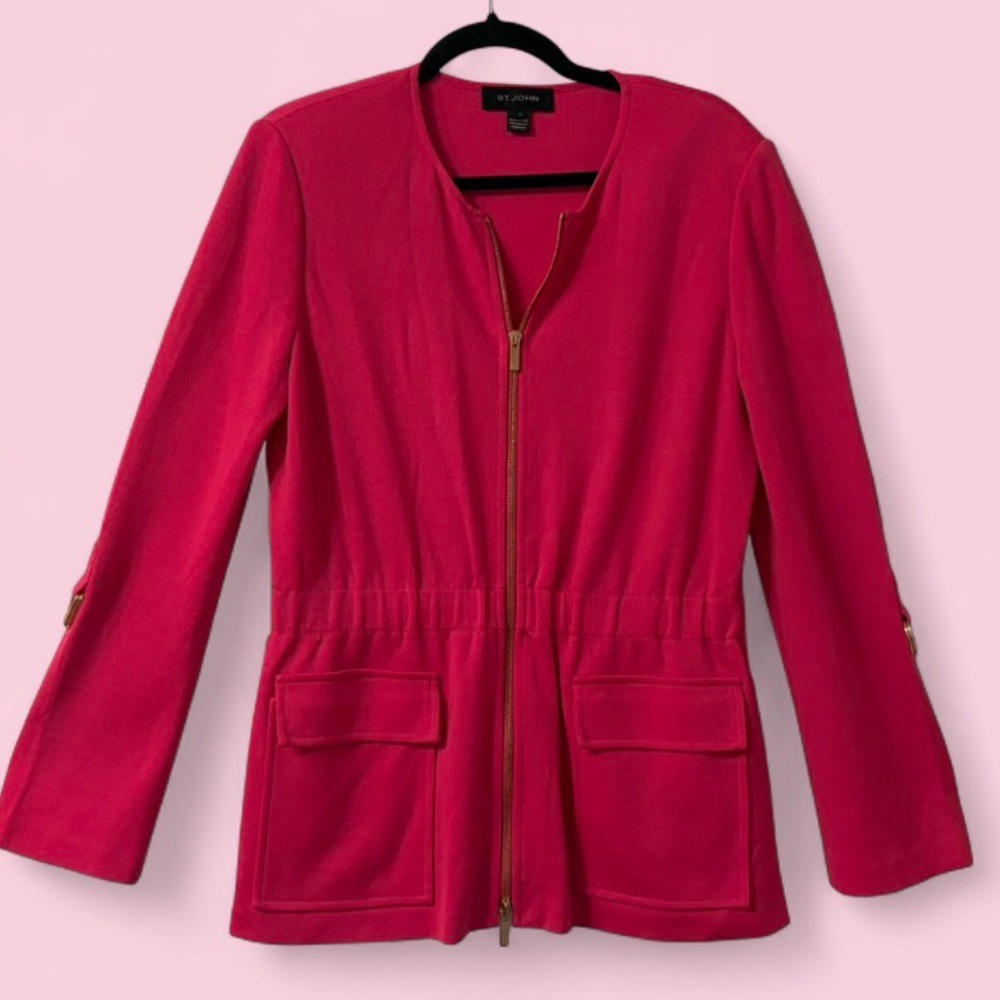 St John Hot Pink Milano Knit Zip Front Pocket Career Jacket Sz M